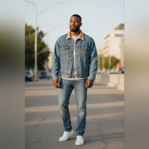 Vtg Woodlake Denim Trucker Jacket Mens M Leather Collar Medium Wash‎ Barn Grunge